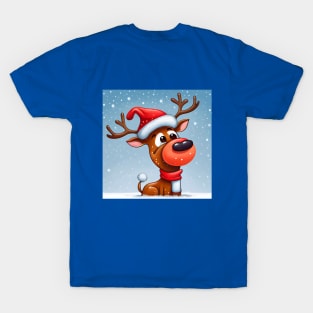 Christmas Reindeer with Santa Hat is standing in deep snow. T-Shirt